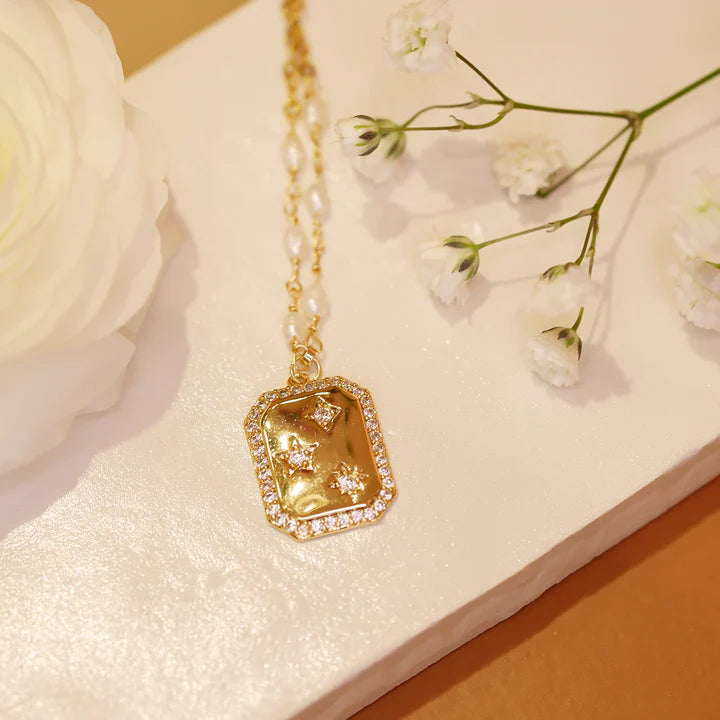 Diamond Framed Gold Octagon Zircon Pendant Necklace